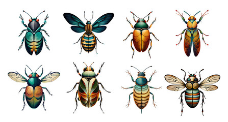 Big set of watercolor beetles. Generative AI