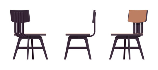 Dining side chair furniture set in black, brown. Wood seat, back rest, kitchen room, cafe, restaurant classic modern interior design. Vector flat style cartoon home, office isolated, white background