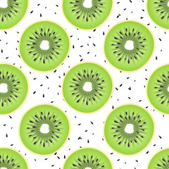 Fototapeta premium Green kiwi fruits seamless pattern with seed and white background