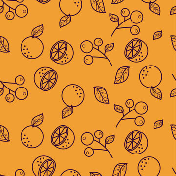 Hand drawn line art fruits seamless pattern lemons, slice of lemons, and berry