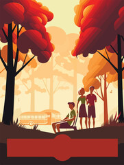 Happy family walking in park. Poster in retro style. Vector illustration