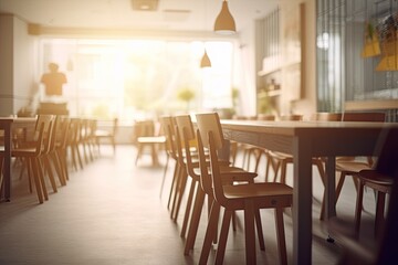 Back to School: Generative Interior of Classroom with Chairs and Tables - Blurry View of Elementary Campus Without Kids or Teachers, Generative AI