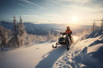 Fotobehang Extreme Winter Adventure: Mountain Snowmobiling with a Skidoo Sled for Fun and Speed, Generative AI © AIGen