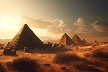 Witness the Ancient Wonders of Egypt's Sahara - Ancient Pyramids in the Evening Sunlight. Generative AI