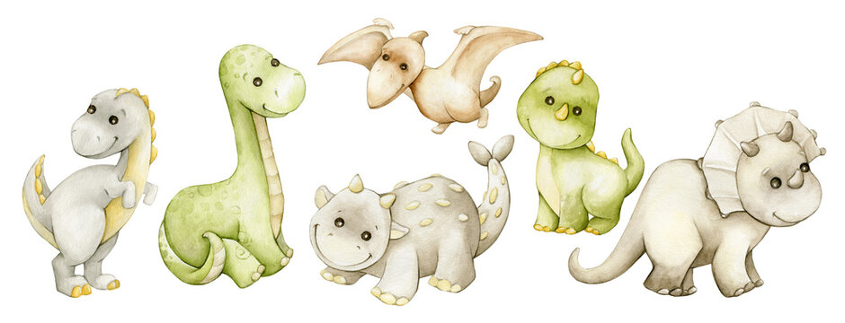 Fototapeta Cute dinosaurs, in cartoon style, painted in watercolor. Prehistoric animals of pastel colors, on an isolated background.