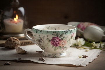 A vintage floral coffee cup design with delicate roses and dainty blossoms, creating an atmosphere of nostalgia and grace Generative AI