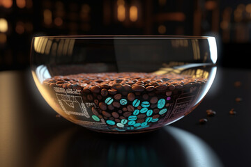 A futuristic coffee cup design with a 3D holographic projection, showcasing a rotating selection of coffee beans and brewing methods, embodying innovation and technology Generative AI