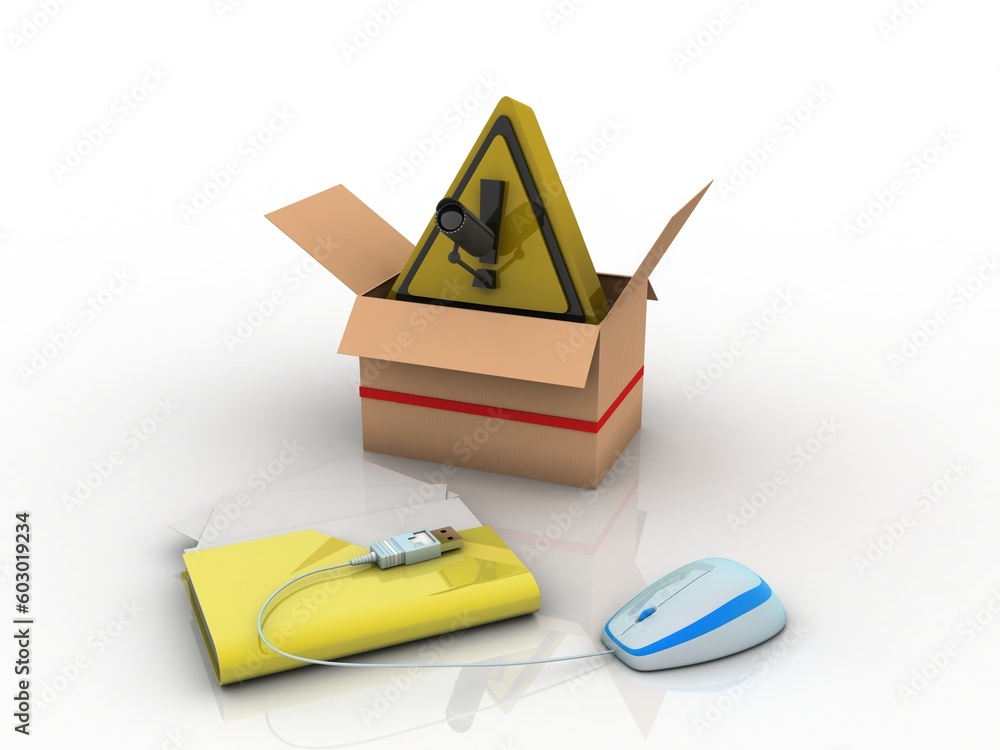 Poster 3d rendering folder with mouse near cctv camera in card box