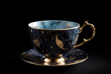 A celestial tea cup design with celestial motifs, such as moon phases and constellations, accentuated by a shimmering gold handle, invoking a sense of cosmic enchantment Generative AI