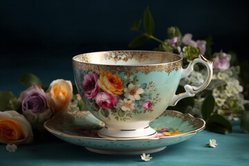 Obraz na płótnie Canvas A vintage floral tea cup design with intricate roses and dainty blossoms, evoking a sense of nostalgia and timeless beauty Generative AI