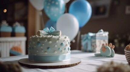 Obraz na płótnie Canvas Boy Blue Babyshower Kinder Baby Geburtstag Kuchen Balloons Geschenke Generative AI