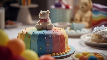 Naklejka premium Regenbogen Bunt Babyshower Kinder Baby Geburtstag Kuchen Balloons Geschenke Generative AI