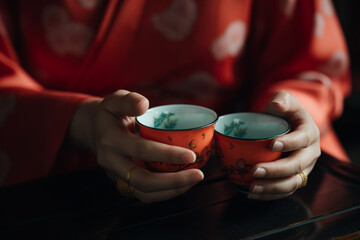 A pair of hands delicately holding a teacup while participating in a traditional Chinese tea ceremony, showcasing the ceremonial gestures Generative AI