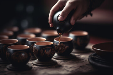 Fototapeta na wymiar A close-up of hands gracefully pouring tea from a traditional Chinese teapot into delicate cups, capturing the essence of the tea ceremony Generative AI