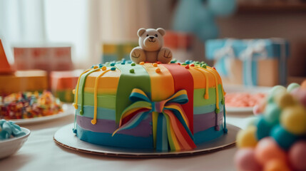 Regenbogen Bunt Babyshower Kinder Baby Geburtstag Kuchen Balloons Geschenke Generative AI