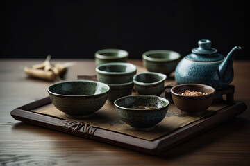 A serene image of a beautifully arranged tea set with elegant teaware, showcasing the meticulous preparation for the tea ceremony Generative AI