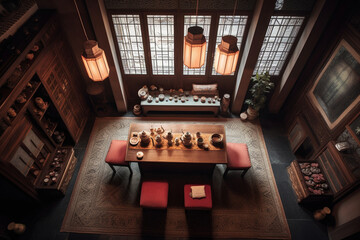 An overhead shot of a serene tea room adorned with traditional Chinese decor, set for a tranquil tea ceremony Generative AI