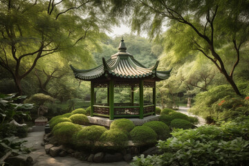 A tranquil tea garden with lush greenery and a traditional Chinese pavilion, serving as a picturesque backdrop for the tea ceremony Generative AI