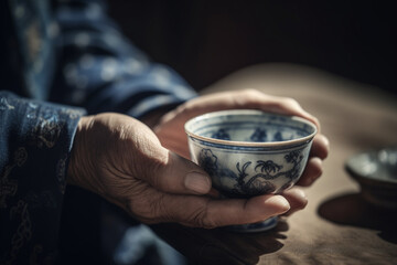 Fototapeta na wymiar A serene image of hands holding a teacup, capturing the meditative quality and mindfulness practiced during a traditional Chinese tea ceremony Generative AI