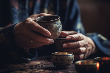 Fototapeta na wymiar A serene image of hands holding a teacup, capturing the meditative quality and mindfulness practiced during a traditional Chinese tea ceremony Generative AI