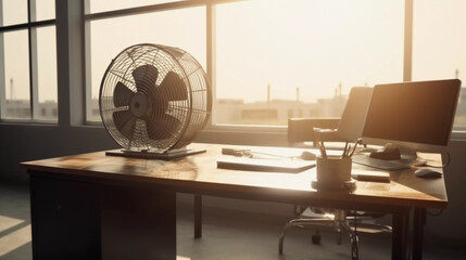 Heisser Sommer Sonne Arbeitsplatz Büro Office Ventilator Generative AI
