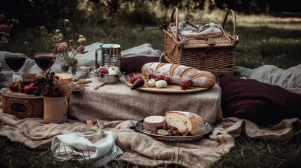 Luxus Picknick  im Grünen auf Picknick Decke Romantisch Essen Korb Generative AI