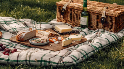 Luxus Picknick  im Grünen auf Picknick Decke Romantisch Essen Korb Generative AI