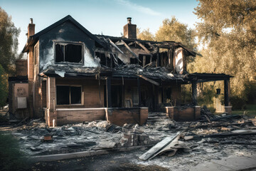 Aftermath of a house fire. Ruined house exterior and interior in building after fire. Burned walls and furniture. Generative AI