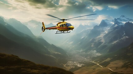 Concept of air ambulance, featuring a helicopter soaring in the sky. Air medical services delivering rapid response and emergency care in remote or hard to reach locations. Generative AI.