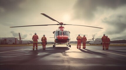 Air ambulance, a helicopter and the dedicated medical crew. This scene represents the critical role of aerial medical services in providing quick, lifesaving care during emergencies. Generative AI