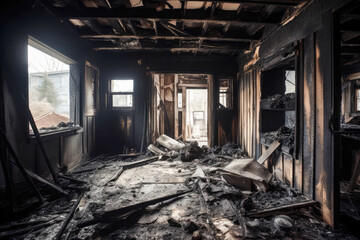 Fototapeta na wymiar Aftermath of a house fire. Ruined house interior in building after fire. Burned walls and furniture. Generative AI