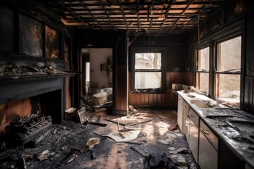 Aftermath of a house fire. Ruined house interior in building after fire. Burned walls and furniture. Generative AI - obrazy, fototapety, plakaty