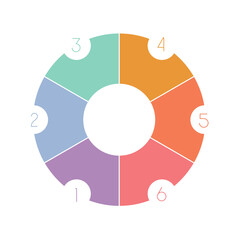  Infographicks template for presentation or newsletters, Powerpoint and Keynote, newsletter. Colored gear numbered with space for text on six 6 positions