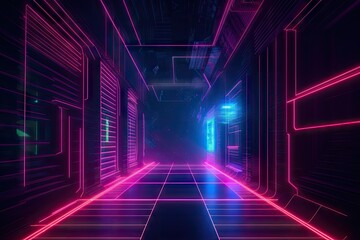 Abstract geometric background center perspective with neon lines. Generative ai