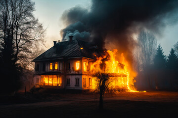 Burning house engulfed in flames. Burning family home with ascending black smoke. Generative AI