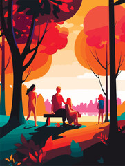 Naklejka premium Happy family walking in park. Poster in retro style. Vector illustration
