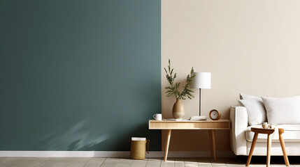 A white couch sitting next to a wooden table. Generative AI.