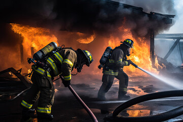 Firefighters putting out a fire. Group of firefighters extinguishing fire burning on a building. Generative AI