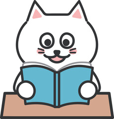 White cartoon cat pleasantly reading a book, vector illustration.
