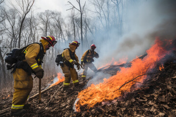 Firefighters putting out a wildfire fire. Group of firefighters extinguishing fire burning in nature. Generative AI