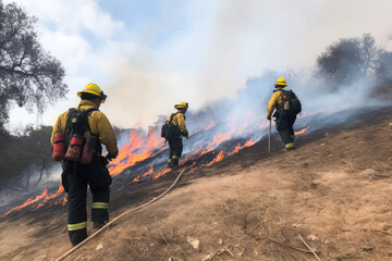 Firefighters putting out a wildfire fire. Group of firefighters extinguishing fire burning in nature. Generative AI