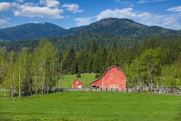 Bright red barn in rural north Idaho.