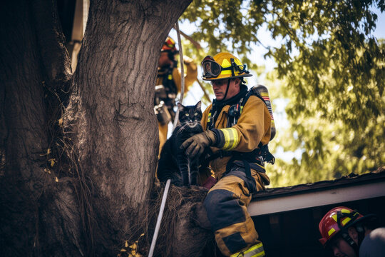 Firefighters saving a cat from a tree. Brave fireman climbing a tree to rescue a cat. Generative AI