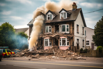 Obraz premium Gas explosion in a home. Damaged family house building with rubble and smoke. Generative AI