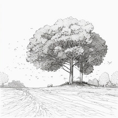 A man was walking on a narrow path. Trees and shrubs grow along the trail. 2D black and white drawing using pencil medium.
