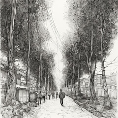 A man was walking on a narrow path. Trees and shrubs grow along the trail. 2D black and white drawing using pencil medium.
