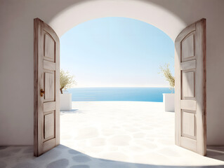Minimalism arch gate view to the sea beach living. Santorini island style.