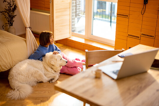 Woman relaxes after work, sitting relaxed with her cute dog on the floor at home. Work Desk with computer in front