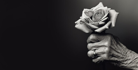 Fototapeta premium Healthy Aging Concept. A Senior Woman's Hand with a Delicate Rose. Generative AI