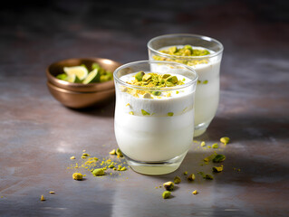 Traditional Indian lime lassi drink with dahi yogurt, lime and chopped pistachios served as close-up in a classical glass